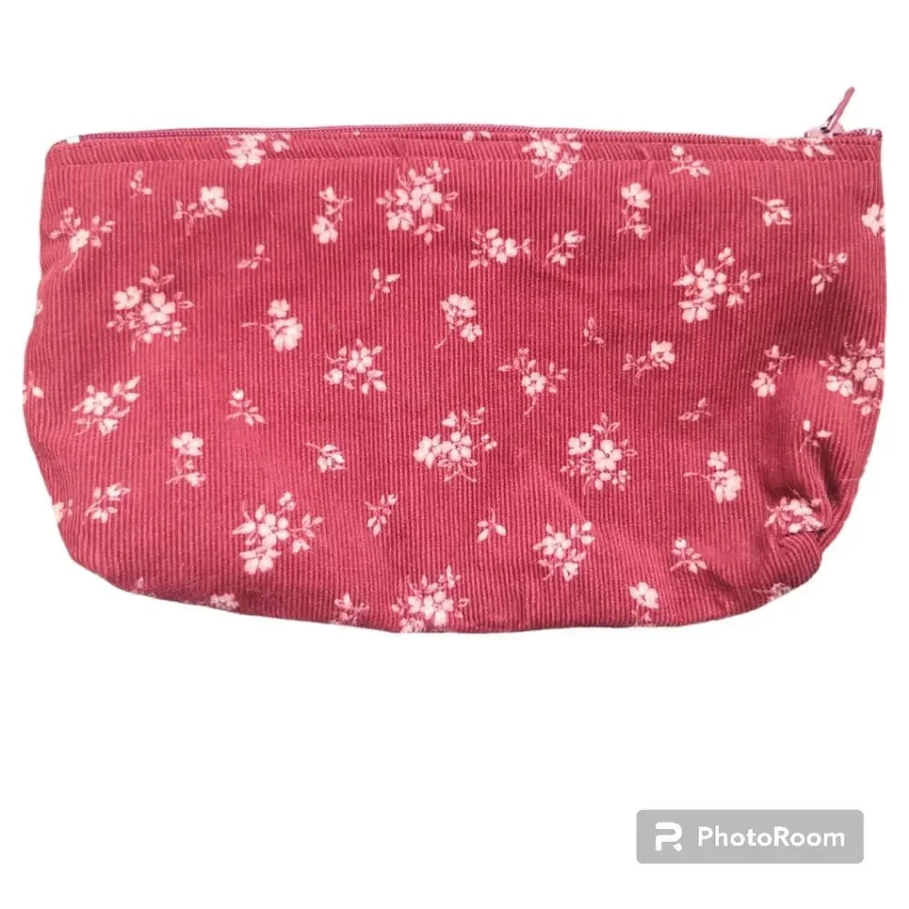 Cute Little Red Corduroy Floral Make Up Bag